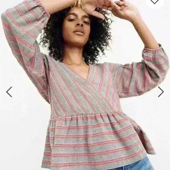Madewell Womens Gray and Red Striped Bubble-Sleeve Peplum Top M - Picture 2 of 16